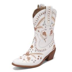 Wavyvigs Vintage Floral Stickerei Cowboy Stiefel Mittleres Wadenstück Spitze Zehen Anziehen Kleid Stiefel Weiß Größenangabe 38 von Wavyvigs