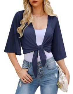 Wayleb Bolero Damen Festlich 3/4 Ärmel Cardigan Jacke Sommer Kurze Strickjacke Elegant Offen Kurzarm Bolero Jäckchen für Abendkleid, Navy blau M von Wayleb