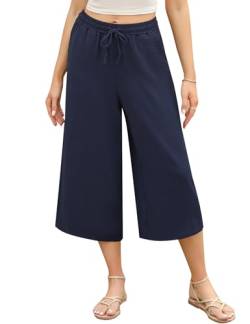 Wayleb Damen 3/4 Hose mit Weitem Bein Leicht Sommerhose Freizeit Palazzo Hose aus Polyster mit Kordelzug Taschen, Blau M von Wayleb