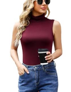 Wayleb Damen Ärmelloses Top Rollkragen Obenteil Bequem Shirt Weich Stretch Weste Sleeveless Tank-Top angenehmer Sommer einfarbiges T-Shirt Weinrot M von Wayleb