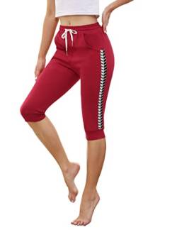 Wayleb Damen Caprihose 3/4 Sporthose Jogginghose Sommer Trainingshose Yogahose mit Tasche Freizeithose Laufhosen für Gym Fitness Rotwein-2，L von Wayleb