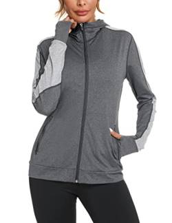 Wayleb Damen Laufjacke Sportjacke Langarm Trainingsjacke Kapuzenjacke Sweatjacke Atmungsaktive mit Daumenloch und Tasche Für Laufen Yoga Fitness Dunkelgrau, L von Wayleb