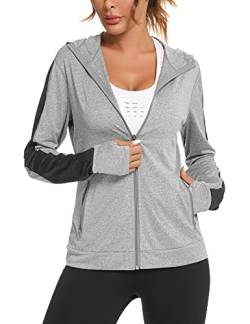 Wayleb Damen Laufjacke Sportjacke Langarm Trainingsjacke Kapuzenjacke Sweatjacke Atmungsaktive mit Daumenloch und Tasche Für Laufen Yoga Fitness Grau S von Wayleb