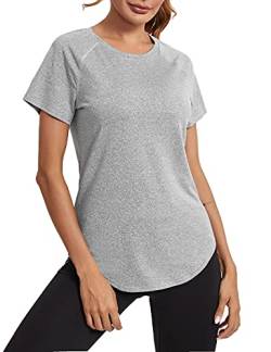 Wayleb Damen Sport T-Shirt Mesh Laufshirt Shortsleeve Yoga Tops Kurzarm Fitness Blusen Atmungsaktiv Oberteile Gym Casual Shirt Hellgrau M von Wayleb