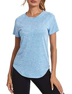 Wayleb Damen Sport T-Shirt Mesh Laufshirt Shortsleeve Yoga Tops Kurzarm Fitness Blusen Atmungsaktiv Oberteile Gym Casual Shirt Himmelblau L von Wayleb