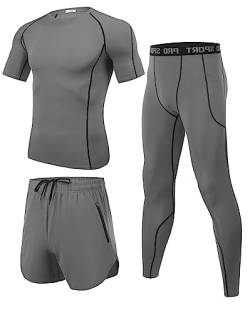 Wayleb Herren Fitness Kleidung Männer Workout Bekleidung Outfit Sportbekleidung 3 Teiliges Kompression Set Trainingsanzug Atmungsaktiv Kompressions Shirts für Herren von Wayleb