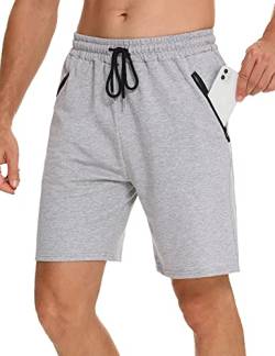 Wayleb Herren Sommer Einfarbig Freizeit Kurze Hosen Strand Shorts Leicht Baumwolle Sweat Sporthose Männer Kurz Jogginghose mit Reißverschlusstasche, Grau S von Wayleb