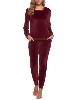 Wayleb Schlafanzug Damen Flanell Zweiteiliger Pyjama Set Velours Lang Hausanzug Damen Fleece Herbst Winter Warm Nachtwäsche Oberteile und Hosen von Wayleb