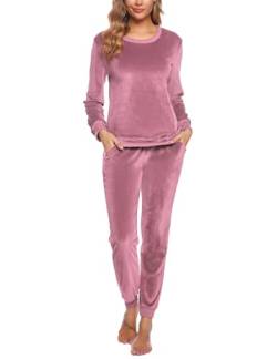 Wayleb Schlafanzug Damen Flanell Zweiteiliger Pyjama Set Velours Lang Hausanzug Damen Fleece Herbst Winter Warm Nachtwäsche Oberteile und Hosen von Wayleb