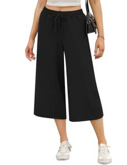 Wayleb Sommerhose Elastisch Hohe Taille Freizeithose Strandhose 3/4 Lang Leichte Einfarbig Hosen mit Taschen Bequeme Stoffhose, Schwarz XXL von Wayleb