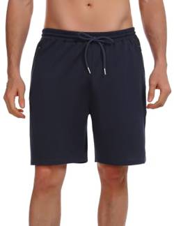 Wayleb Kurze Hosen Herren Baumwolle Sweat Shorts Männer Sommer Freizeithose Leicht Sporthose Jogginghose Fitness Kurz Hose mit Reißverschlusstasche, Navy Blau M von Wayleb