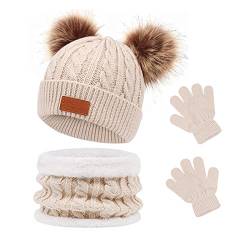 Waylipun 3 in 1 Kinder Wintermütze Schal Handschuhe Set, Strickmütze Babymütze Kinder Mütze Set, Warme Winter Beanie Hut Handschuhe Schal Set für Kinder Jungen Mädchen, 1-5 Jahre ​(Beige) von Waylipun