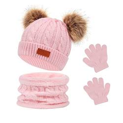 Waylipun 3 in 1 Kinder Wintermütze Schal Handschuhe Set, Strickmütze Babymütze Kinder Mütze Set, Warme Winter Beanie Hut Handschuhe Schal Set für Kinder Jungen Mädchen, 1-5 Jahre ​(Rosa) von Waylipun