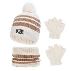 Waylipun Kinder Wintermütze Schal Handschuhe Set, 3 in 1 Warme Streifen Strickmütze Loop Schal Handschuhe Set mit Plüsch Innenfutter für 3-8 Jahre Kinder Jungen Mädchen (Beige) von Waylipun