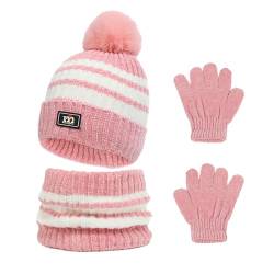 Waylipun Kinder Wintermütze Schal Handschuhe Set, 3 in 1 Warme Streifen Strickmütze Loop Schal Handschuhe Set mit Plüsch Innenfutter für 3-8 Jahre Kinder Jungen Mädchen (Rosa) von Waylipun