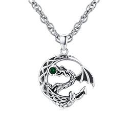 Drachen Halskette 925 Sterling Silber keltischer Knoten Mond Kette Drache Anhänger mit grünen Zirkonia Tier Drache Schmuck Geschenke für Herren Damen Männer von Waysles
