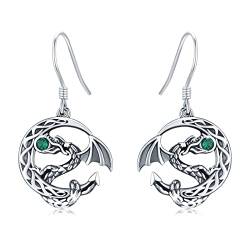 Drachen Ohrringe 925 Sterling Silber keltischer Knoten Mond Ohrringe Drache Ohrhänger mit grünen Zirkonia Tier Drache Schmuck Geschenke für Damen von Waysles