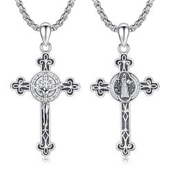 Heiliger Benedikt Kruzifix Halskette 925 Sterling Silber Saint Benedikt Kreuz Halskette religiöse Beschützer Amulett Schmuck Geschenk für Männer Frauen 20 + 2 Zoll von Waysles