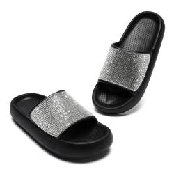 Waysoland Badelatschen Damen,Mode Strassstein Badeschlappen Cozy Slides Damen Wolkenschuhe Rutschfest Bequeme Dicke Sohle Sommer Hausschuhe für Geschenk(Schwarz,39 EU) von Waysoland