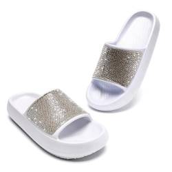 Waysoland Badelatschen Damen,Mode Strassstein Badeschlappen Cozy Slides Damen Wolkenschuhe Rutschfest Bequeme Dicke Sohle Sommer Hausschuhe für Geschenk(Silberweiß,41 EU) von Waysoland