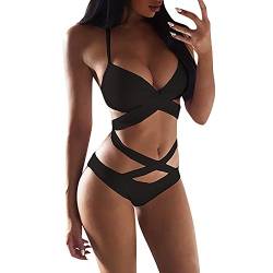 Damen Badeanzug Mit Push-Up-Effekt Damen Neckholder Bikini Sets Push Up Hohe Taille Tanga Bikinitop High Waist Bademode Zweiteiliger Swimwear Deep V Cross Straps von Wdgfv