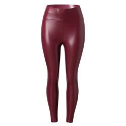 Pu Leather Pants Women Damen Wetlook Sexy Leggings S-3XL Lack-Optik Niedrige Taille 4-Wege-Reißverschluss Clubwear Party Rot von Wdgfv