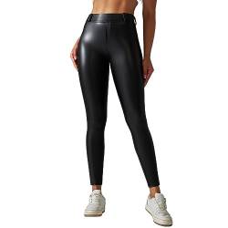 Wdgfv Damen Pu Hose Damen Stretch Hosen Push Up Effekt Lederhose Biker Stretch Coated Kunstlederhose Leggings Knopfleiste Schwarz von Wdgfv