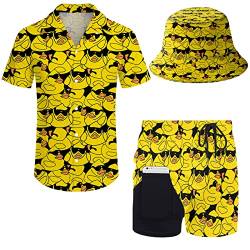 Wdpsuxin Herren 2-teiliger Trainingsanzug, Hawaii-Hemd mit Knopfleiste und Kompressionsfutter, Shorts, Sets mit Fischerhüten, Sonnenbrille Badeente, Medium von Wdpsuxin