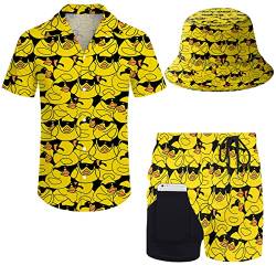 Wdpsuxin Herren 2-teiliger Trainingsanzug, Hawaii-Hemd mit Knopfleiste und Kompressionsfutter, Shorts, Sets mit Fischerhüten, Sonnenbrille Badeente, XXX-Large von Wdpsuxin
