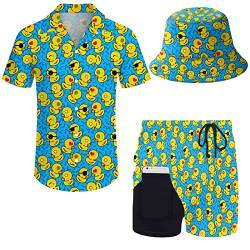 Wdpsuxin Herren-Trainingsanzug, Hawaii-Stil, Button-Down-Shirt und Kompressions-Innenhose, 2-teiliges Set mit Fischerhüten, Retro 80er 90er Jahre Grafik Gummiente Blau, X-Large von Wdpsuxin