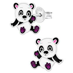 Silberne Kinderohrringe | Ohrringe Mädchen | Silberne Ohrstecker, fröhlicher Panda mit lila Füßen, 8 mm x 9 mm, Silber von WeLoveSilver