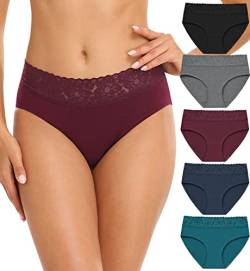 Wealurre Baumwolle Unterwäsche Frauen Spitze Bund Volle Slips Damen High Leg Knickers für Frauen Weiche Stretch Höschen Multipack 5, Dunkle Farbe, 36 von Wealurre