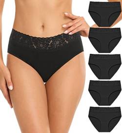 Wealurre Baumwolle Unterwäsche Frauen Spitze Bund Volle Slips Damen High Leg Knickers für Frauen Weiche Stretch Höschen Multipack 5, Schwarz , 36 von Wealurre