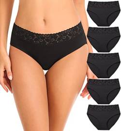 Wealurre Unterhosen Damen Baumwolle Unterwäsche Frauen Spitzen Bequeme Hipster Unterwäsche Damen Slip Mehrpack,Schwarz,XL von Wealurre