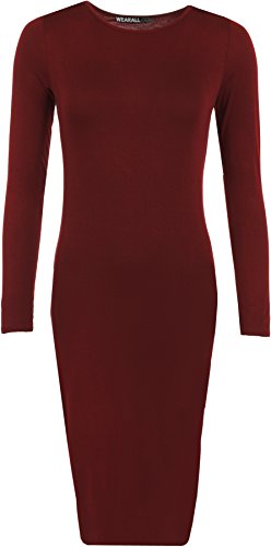 WearAll - Damen Bodycon Elastisch Schmucklos Dress Lange Ärmel Rundhalsausschnitt Midi Kleid - Wein - 40/42 von WearAll