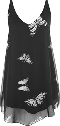 WearAll - Damen Chiffon Schmetterling Druck Liniert Ärmellos Tauchen Saum Weste Top - Schwarz - 54-56 von WearAll