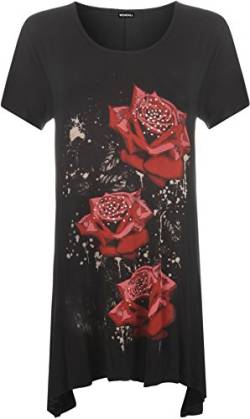 WearAll - Damen Übergröße Glitzern Rose Druck Uneben Saum Kurz Ärmel Lange Top - Schwarz - 50-52 von WearAll