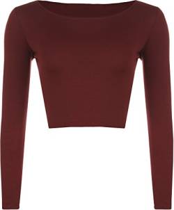 WearAll - Neu Damen Cropped Langarm T Shirt Kurz Schmucklos Rundhalsausschnitt Top - Wein - 36/38 von WearAll