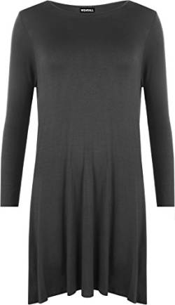 WearAll - Übergröße Damen Plain Stretch Langarm Swing-Kleid Top - Schwarz - 52-54 von WearAll