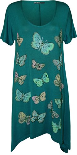 WearAll - Übergröße Damen Schmetterling Druck Kurzarm Taschentusch Saum T-Shirt Top - Teal - 54-56 von WearAll