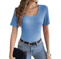 Weardear Bluse Damen Crop Top Slim Fit Wickel Kurz Shirt T-Shirt Feinstrick BustierOberteil Einfarbig Elegant Kurzarm Soft Casual Kurzarmshirt Tunika Shirt Frauen Dünne Kurze Ärmel Hellblau S von Weardear