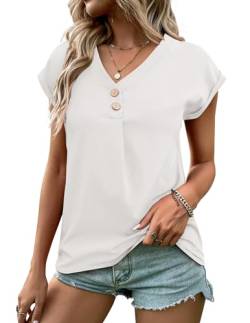 Weardear Bluse Damen Elegant Kurzarm T-Shirt Casual T Shirt V-Ausschnitt Oberteile mit Flügelärmeln Sommer Shirts Weiß XL von Weardear