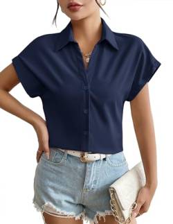 Weardear Bluse Damen Kurzarm Büroblusen Slim Fit Hemdbluse Basic Shirt mit Knopleiste Elegant Oberteile V-Ausschnitt Tops Navyblau M von Weardear