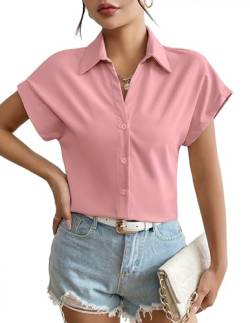 Weardear Bluse Damen Kurzarm Büroblusen Slim Fit Hemdbluse Basic Shirt mit Knopleiste Elegant Oberteile V-Ausschnitt Tops Rosa m von Weardear
