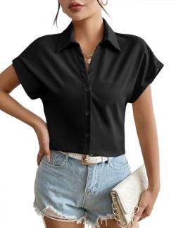 Weardear Bluse Damen Kurzarm Büroblusen Slim Fit Hemdbluse Basic Shirt mit Knopleiste Elegant Oberteile V-Ausschnitt Tops Schwarz S von Weardear