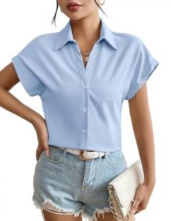 Weardear Bluse Damen Kurzarm Casual Oberteile Hemd Lose V-Ausschnitt Arbeit Büro Blusen Tops Elegant Seeblau L von Weardear