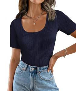 Weardear Bluse Damen Shirt Crop Top Slim Fit Wickel T-Shirt Feinstrick Oberteil Einfarbig Elegant Kurzarm Soft Casual Kurzarmshirt Tunika Shirt Frauen Dünne Kurze Ärmel Dunkelblau XXL von Weardear