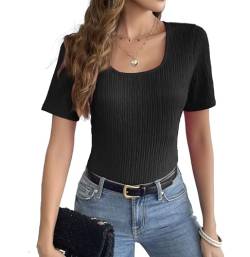 Weardear Bluse Damen Shirt Crop Top Slim Fit Wickel T-Shirt Feinstrick Oberteil Einfarbig Elegant Kurzarm Soft Casual Kurzarmshirt Tunika Shirt Frauen Dünne Kurze Ärmel Schwarz S von Weardear