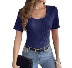 Weardear Bluse Damen Shirt Feinstrick Kurzarm T-Shirt Basic Oberteile U-förmiger Kragen Locker Lässig Sommer Shirts Tops Dunkelblau XL von Weardear