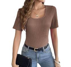 Weardear Bluse Damen Shirt Feinstrick Kurzarm T-Shirt Basic Oberteile U-förmiger Kragen Locker Lässig Sommer Shirts Tops Hellbraun S von Weardear